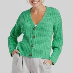 A New Day Kelly Green Cardigan Sweater Chunky Knit Button Up Cozy Size Medium